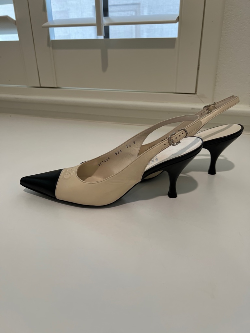Salvatore Ferragamo Beige and Black Pointed-Toe Slingback Pumps - Picture 2 of 5